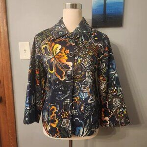 Chico's 1 Floral Print Jacket Art to Wear Button Front Lined Blue Multi US 8/10